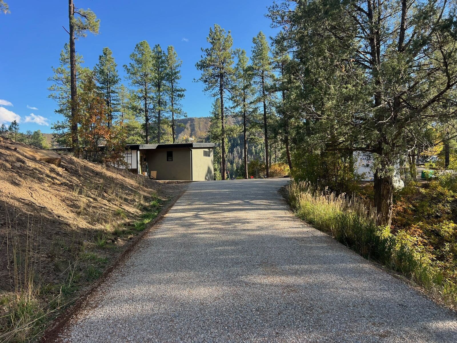 Gravel driveway along a fence line on a wooded property near Durango, Colorado
