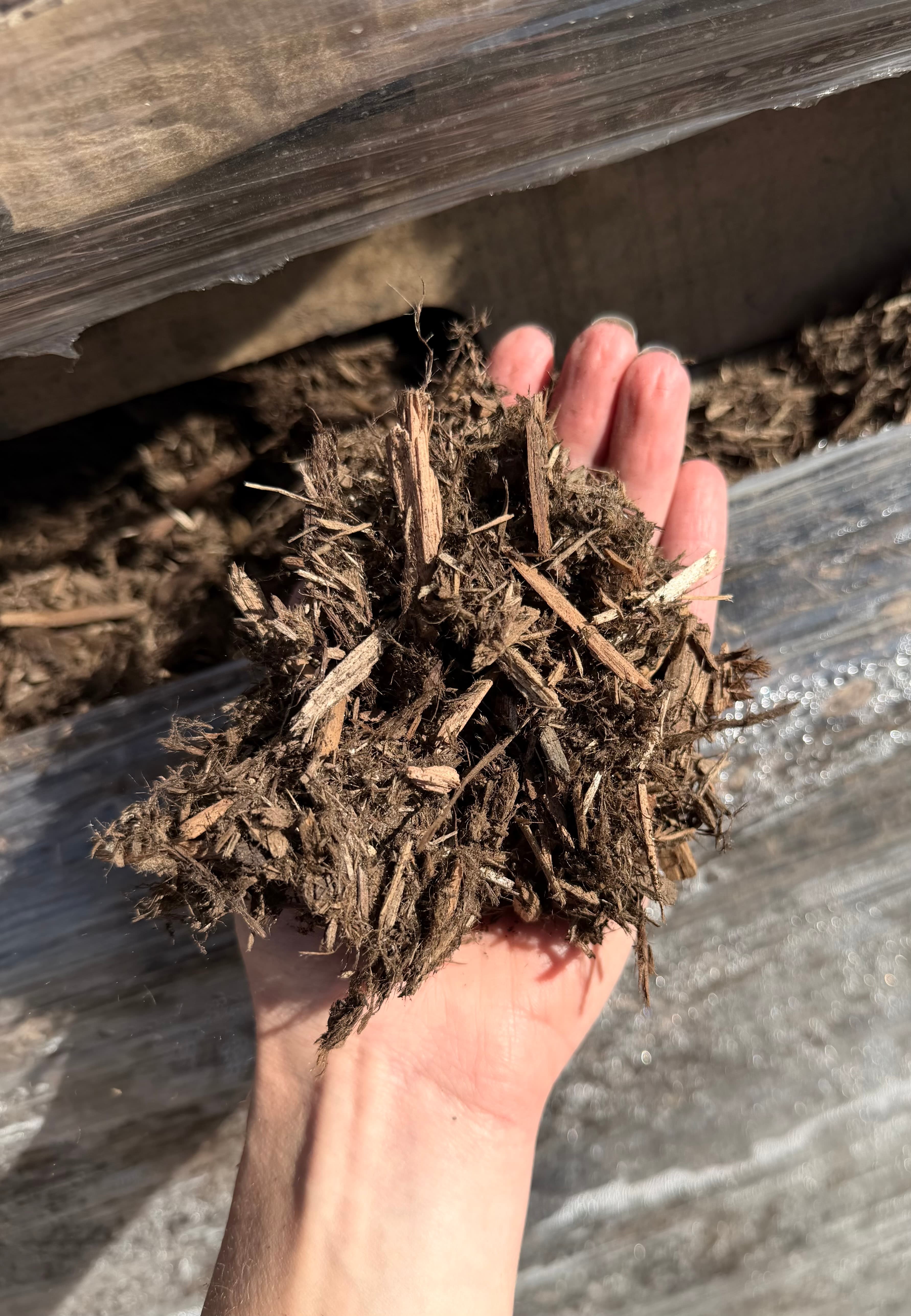Handful of Western Red Cedar mulch showing the fibrous texture that locks together on slopes and in wind